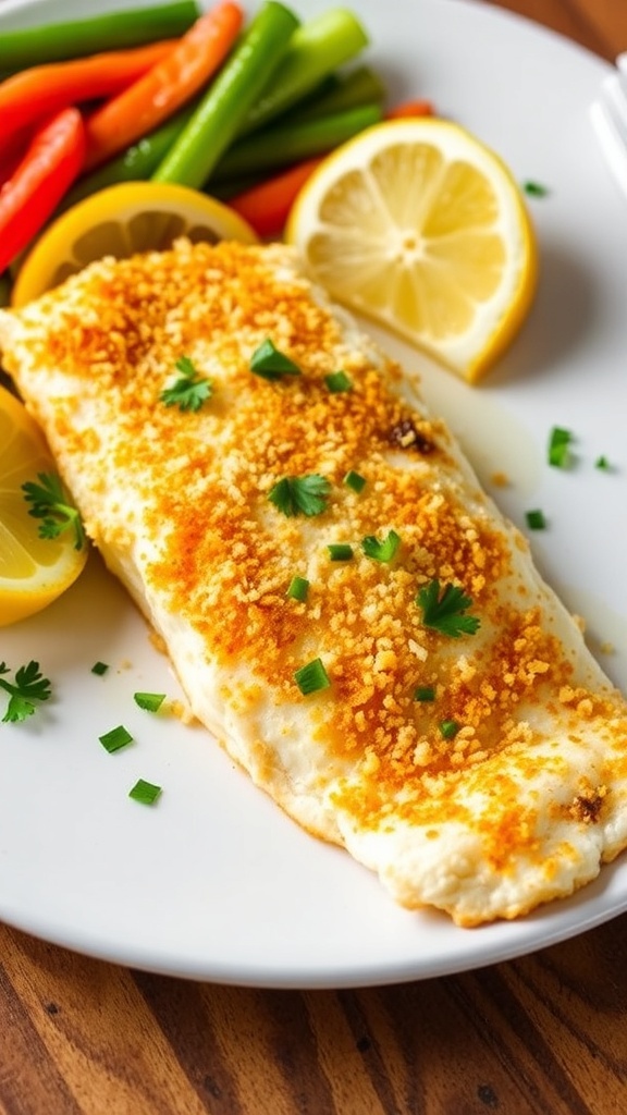 Parmesan-crusted tilapia fillet garnished with parsley and lemon on a white plate with vegetables.